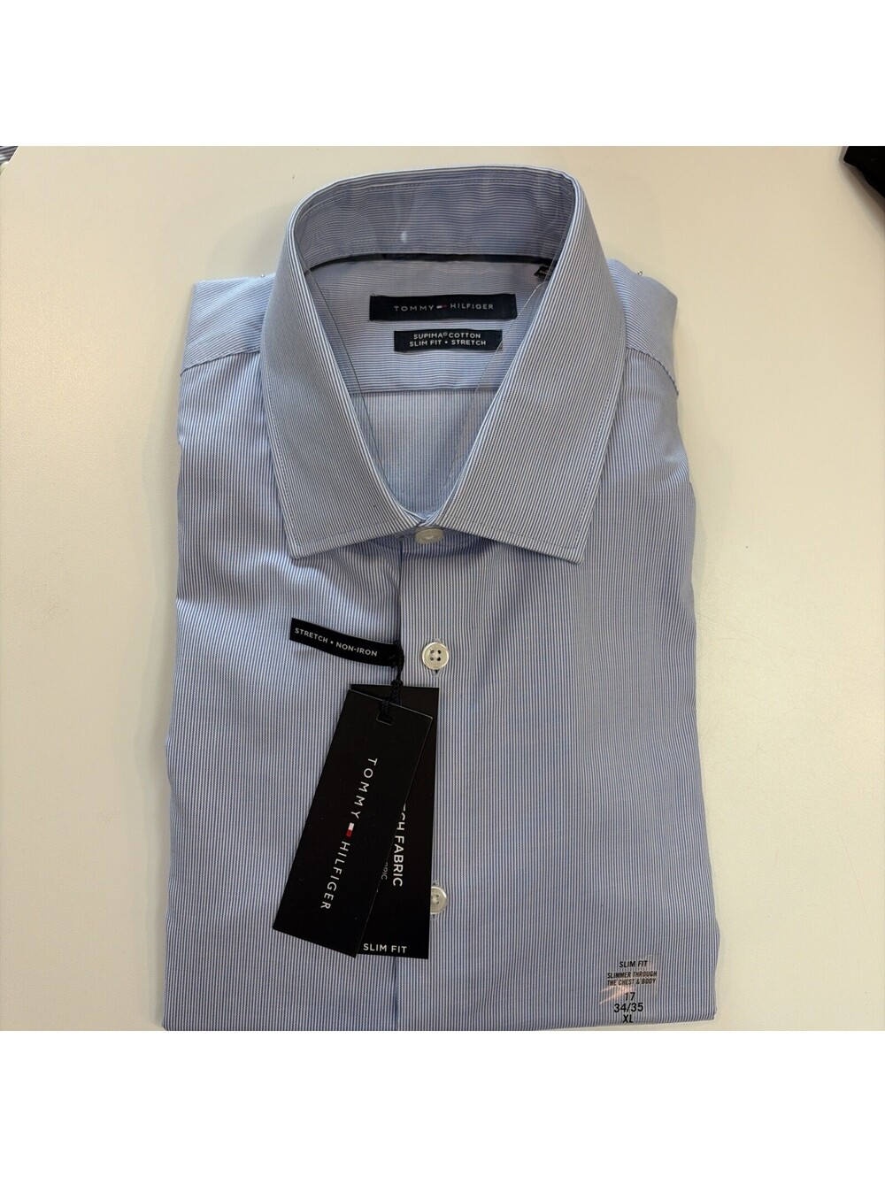 Tommy Hilfiger NWT Mens Slim Fit No Iron Stretch Dress Shirt Lt Blue XL 17 34/35